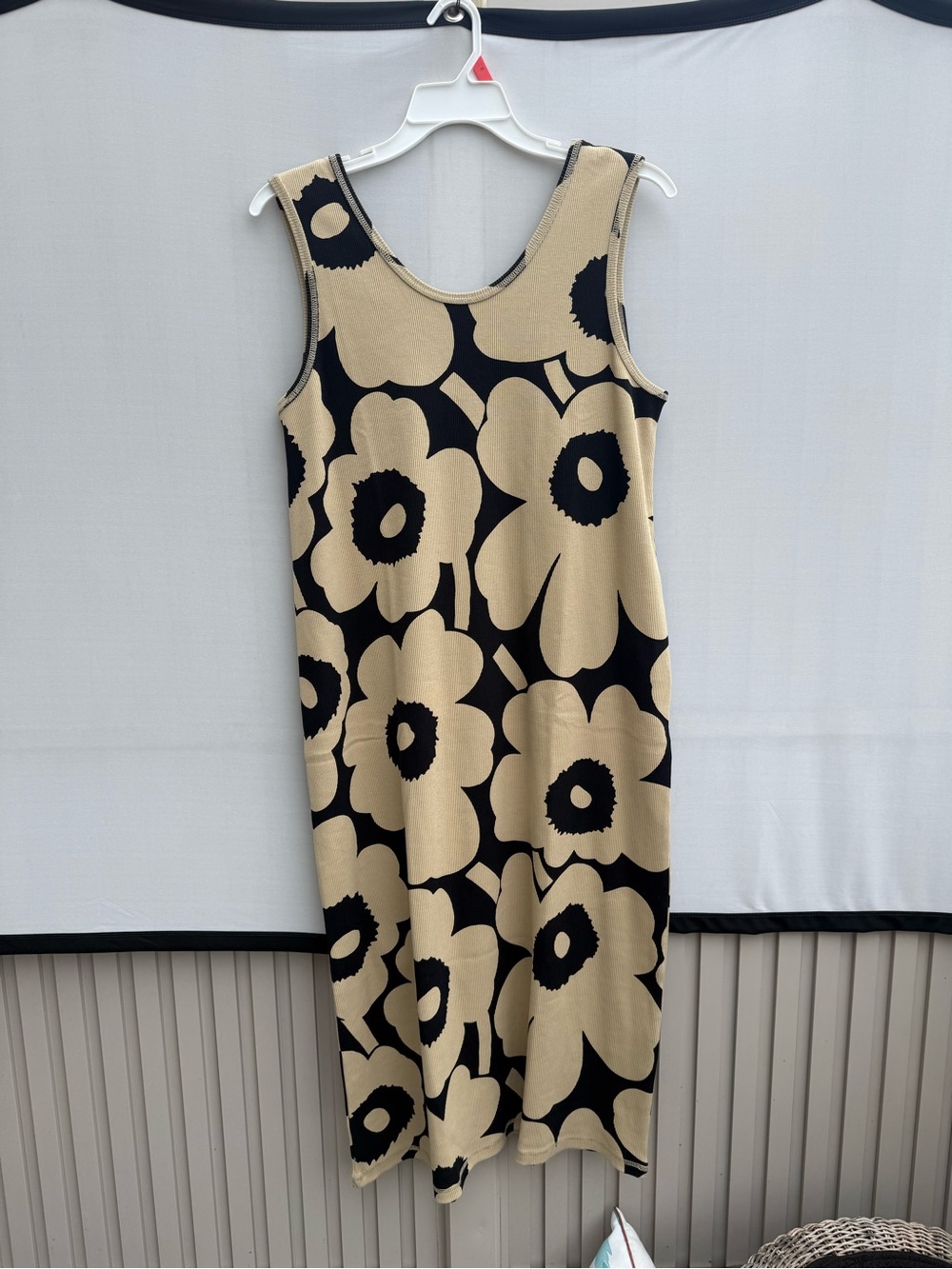 MARIMEKKO Simpukka Unikko Rib Floral Cotton Tank Dress in Beige Black NWT - Picture 3 of 11